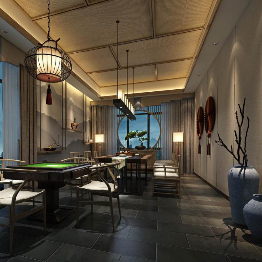 新中式休闲娱乐棋牌室茶室模型